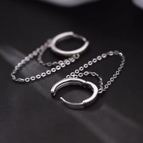 #11 925 Sterling Silver Hoop Double Chain Earrings - Picture 4 of 5